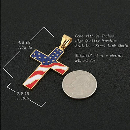 Stainless Steel American Flag Cross Necklace